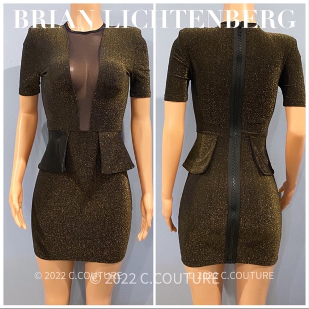 New with tags Brian Lichtenburg Plunge Gold Black Glitter Pendulum Dress XS $398